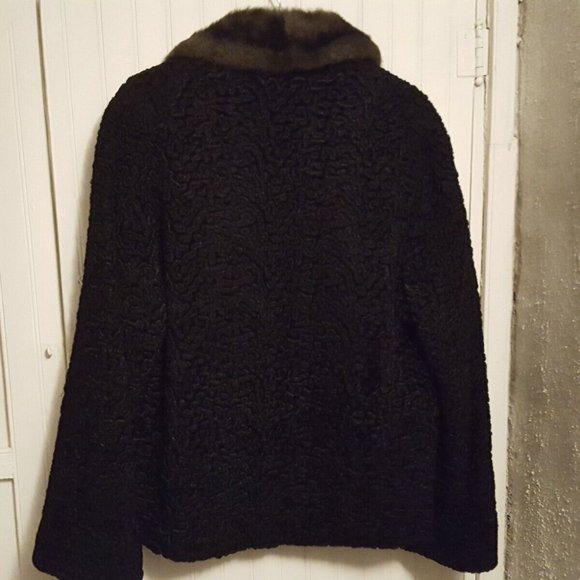 Vintage Faux Black Curly Persian Lamb Coat Jacket with Fur Collar - Picture 2 of 8